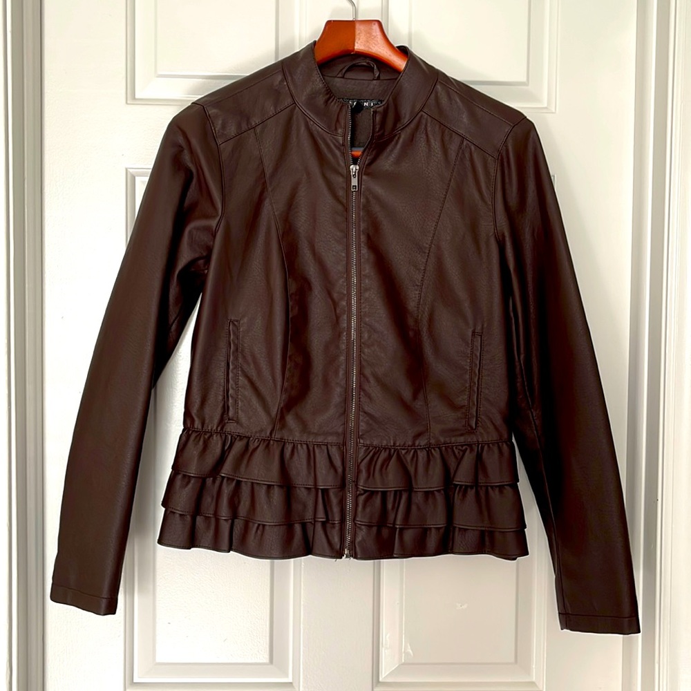 Brown faux leather coat with ruffle hem
